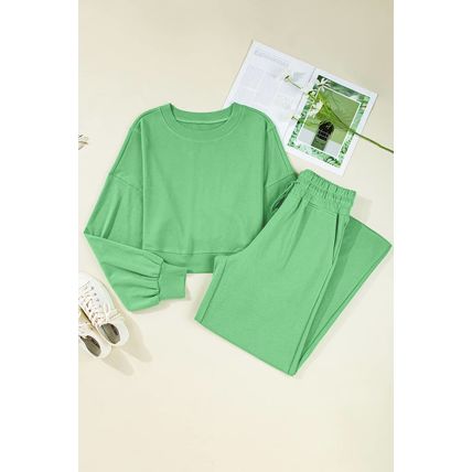 Bright Green Drop Shoulder Puff Sleeve Crop Pullover Drawstring Wide Leg Pants S