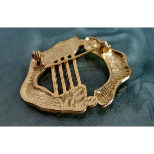 Signed RACHEL GERA modernist 1984 Gold Harp Brutalist Brooch Pin Vintage art A+