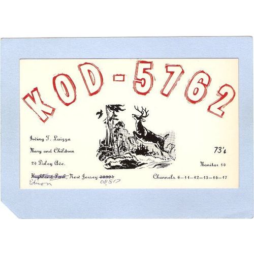 New Jersey Edison QSL Card KOD-5762 Irving T Luizza 24 Duley Ave~1408