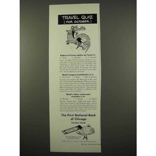 1957 First National Bank of Chicago Travelers Checks Ad
