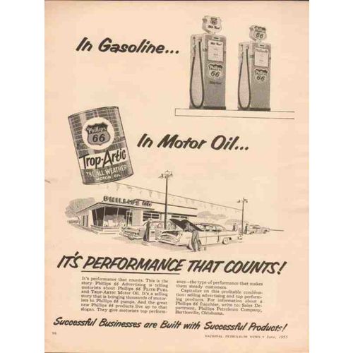 PHILLIPS PETROLEUM COMPANY 1955 gasoline motor oil perform vintage ad