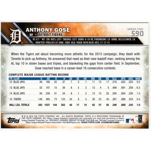 2016 Topps baseball card 590 Anthony Gose - Tigers
