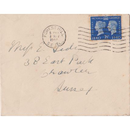 GB 1940 cover from London to Sussex with stamp centenary stamp