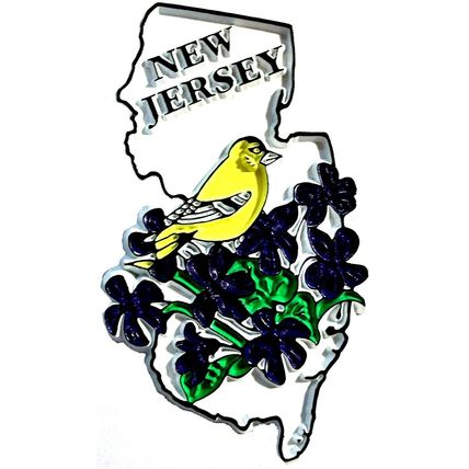 New Jersey State Outline with American Goldfinch and Flowers Fridge Magnet