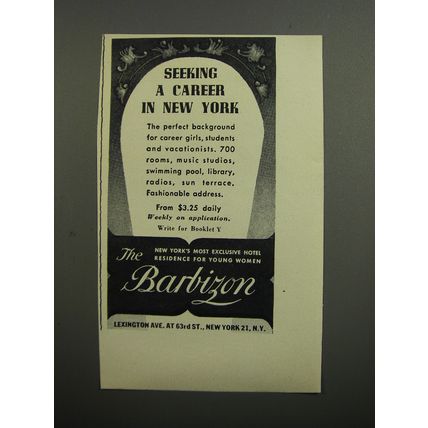 1952 The Barbizon Hotel Ad - Seeking a career in New York