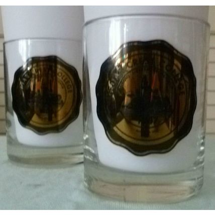 SET OF 2 CEDAR CREST COLLEGE PENNSYLVANIA GLASS WHISKEY TUMBLERS w OLD GOLD SEAL