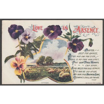 Love In Absence, Pansies, Sheep & Poem, c.1915 - Beagles Postcard
