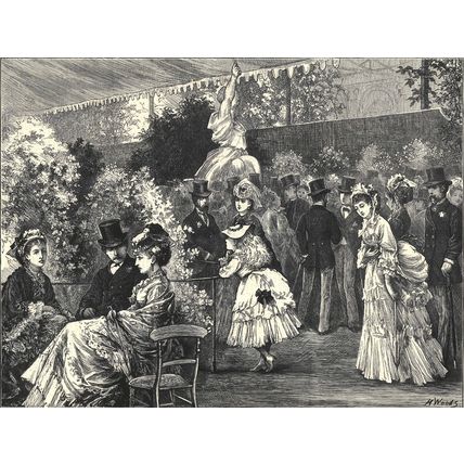 AT A FLOWER SHOW 1872 Henry Woods VICTORIAN ENGRAVING