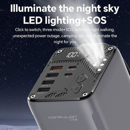 Konfulon 60000mAh Power Bank PD Type C 30W Fast Charger 6 Ports LED Flashlight