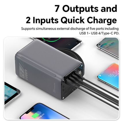 Konfulon 60000mAh Power Bank PD Type C 30W Fast Charger 6 Ports LED Flashlight