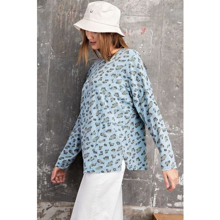 Women's Leopard Printed Garment Dye Loose Fit Knit Top