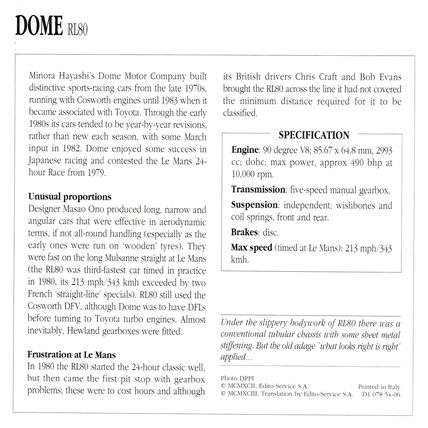Collectors Club card. Classic Cars. Dome RL80 racing car