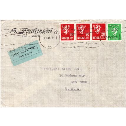 AIR MAIL etiquette on cover - Norway, Oslo 1946