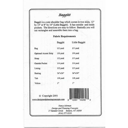 Nancy Mirman #NM269 Baggit Carry Bag in 2 sizes Pattern/Instructions © 2001