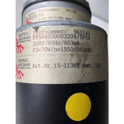 GEFEG-NECKAR 15-1136T,961141,Z21 CONVEYOR MOTOR,208 VAC D9584Z00003209/IP54,TA
