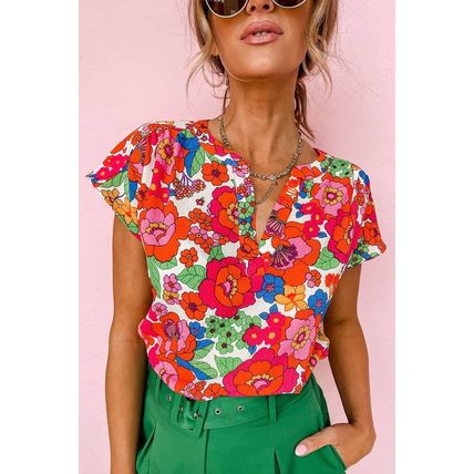 Red Floral Split Neck Top