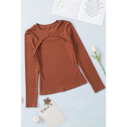 Brown Ribbed Peekaboo Cutout Long Sleeve Top