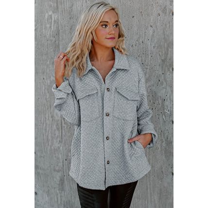 Gray Lattice Texture Retro Flap Pocket Button Shacket