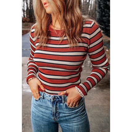 Striped Print Ribbed Knit Slim Fit Top