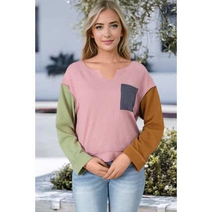 Pink Colorblock Rib Textured Loose Long Sleeve Top