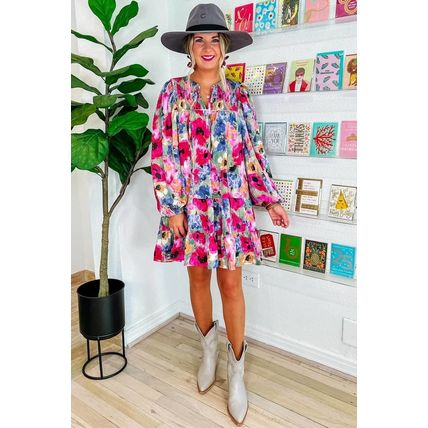 Multicolour Floral Tie Neck Bubble Sleeve Shift Dress