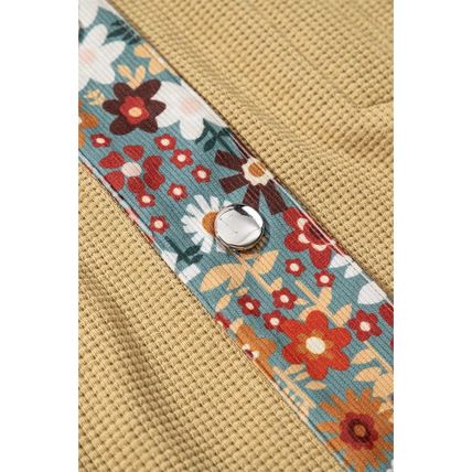 Khaki Waffle Knit Floral Print Patchwork Button up Jacket