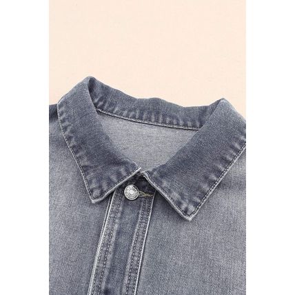 Gray Chest Pockets Drop Shoulder Loose Denim Jacket