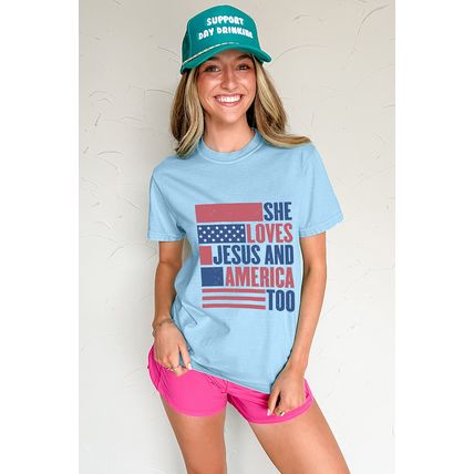 Light Blue SHE LOVES JESUS AND AMERICA TOO Flag Graphic T Shirt