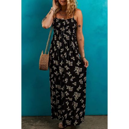 Black Floral Spaghetti Strap Shirred Bodice Tied Empire Waist Maxi Dress