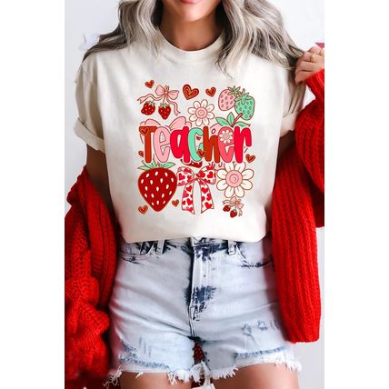 White Cute Strawberry Floral Teacher Graphic Custom Tee