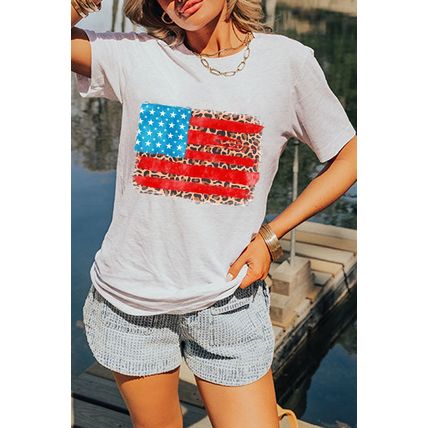 White Leopard Insert American Flag Pattern Cotton Blend T Shirt