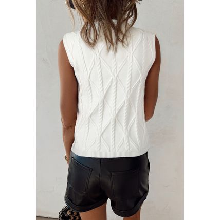 White Pearled High Neck Textured Knit Sweater Vest