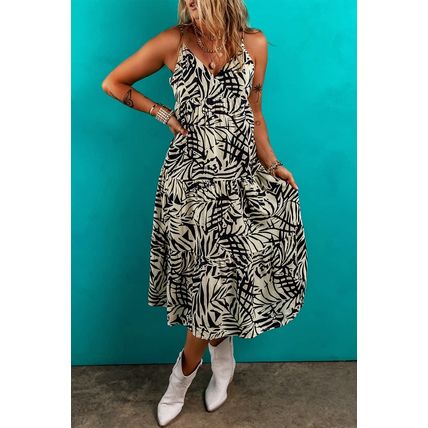 Khaki Tropical Palm Print Wrapped V Neck Spaghetti Straps Tiered Dress