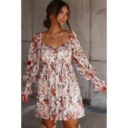 White Floral Print Sweetheart Neck Long Sleeve High Waist Mini Dress