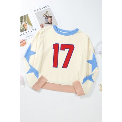 Beige Number 17 Printed Stars Patched Sleeve Cropped Sweatshirt