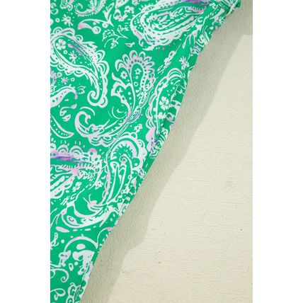 Green Paisley Print Long Sleeve Button Front Tied Waist Mini Dress