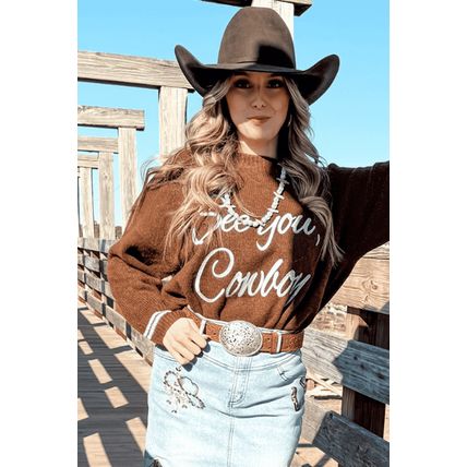 Coffee See You Cowboy Embroidered Western Graphic Sweater