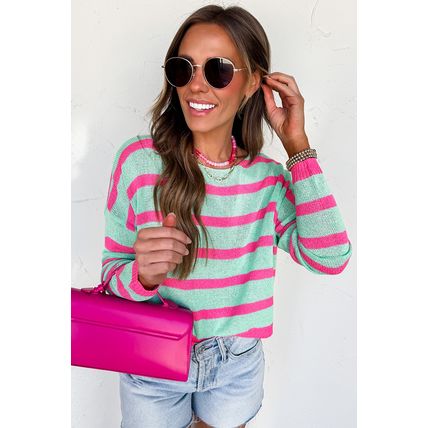 Green Stripe Round Neck Casual Sweater