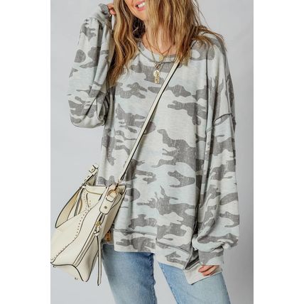 Multicolour Retro Camouflage Print Exposed Seam Patchwork Drop Shoulder Sweatshi