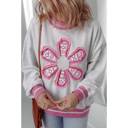Gray Flower Patch Contrast Trim Crew Neck Sweatshirt