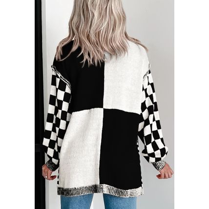 Black Checkered Open Front Drop Shoulder Cardigan