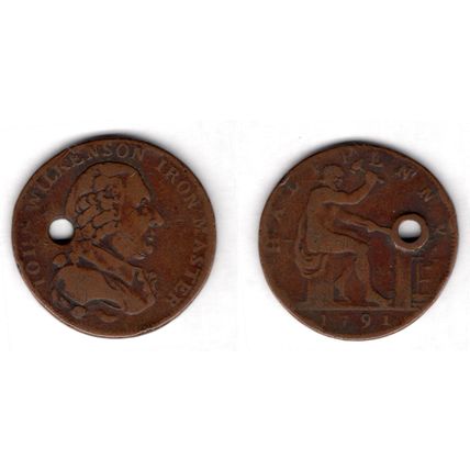 Great Britain. Wilkinson Halfpenny with "E", holed 1791. dy14729