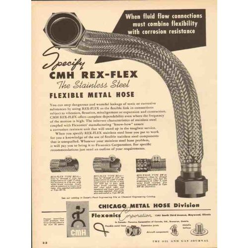 flexonics corp 1953 oil stainless steel flexible metal hose vintage ad