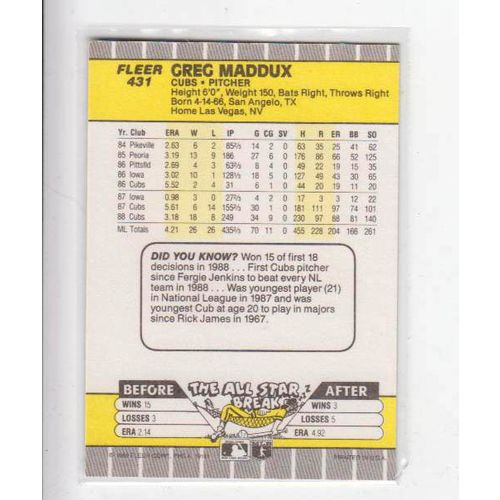 1989 Fleer Greg Maddux baseball card #431 –HOF - Cubs