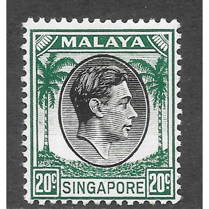 SINGAPORE MALAYA 1949 KG6 P14 20c SG9 9 SG BLACK GREEN MINT HINGED