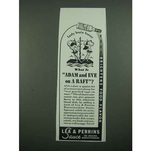 1938 Lea & Perrins Worcestershire Sauce Ad - Adam and Eve on a Raft