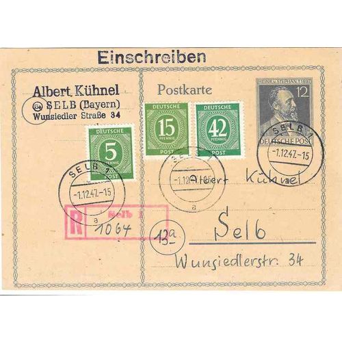 Germany REGISTERED Postal Card 1947, Selb