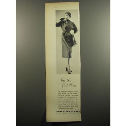 1951 Saks Fifth Avenue Coat Dress Ad - Note the Coat Dress