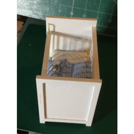 White Dropside Cot Blue Patchwork Bedding 1:12th Dolls House Miniature