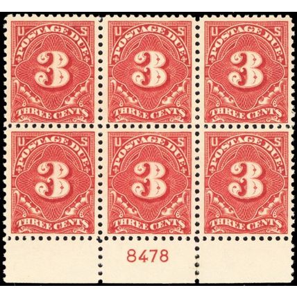 J63 Mint VF-XF NH 3¢ Plate Block of Six Stamps Cat $275.00 - Stuart Katz